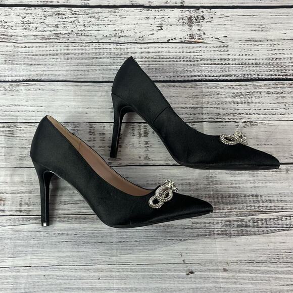 Yetier Heels Pumps Shoes size 10 Black Satin Faux Diamond Bow Cocktail Evening - Picture 8 of 12